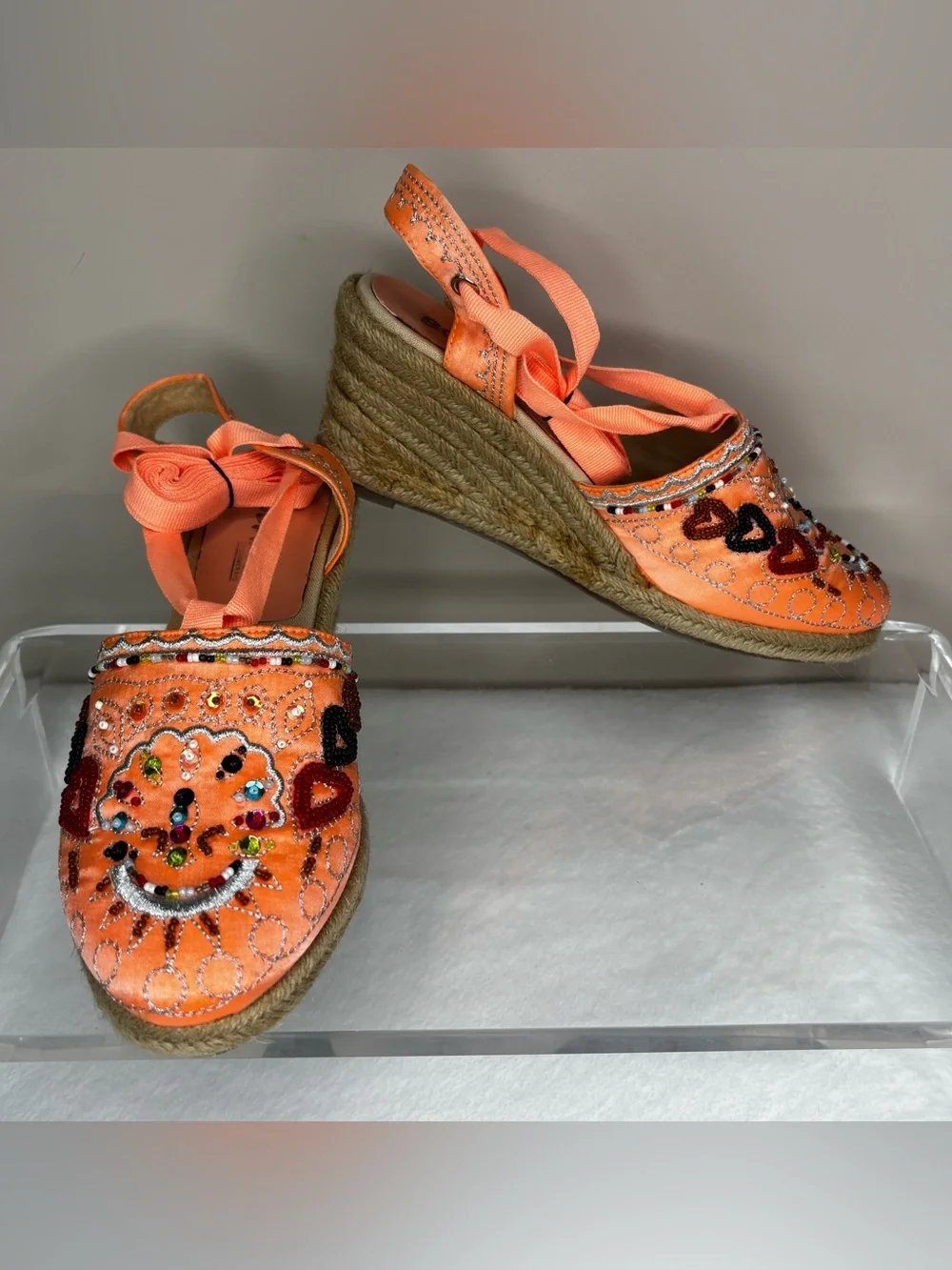 Orange Embellished Wedge Espadrilles